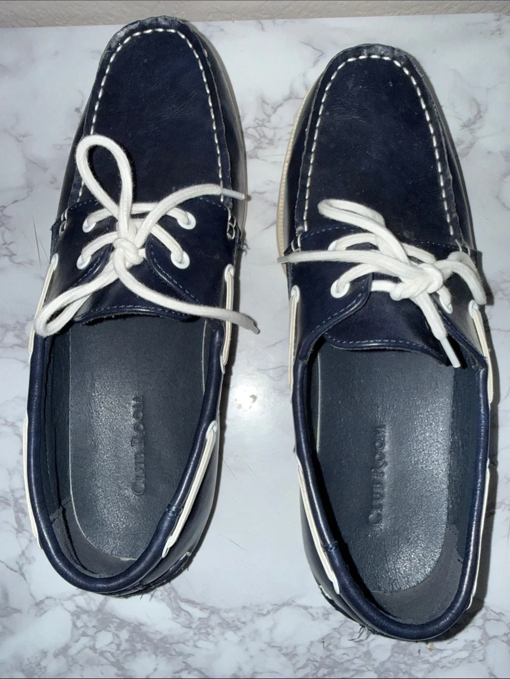 Club Room Navy Leather Boat Shoes with White Laces